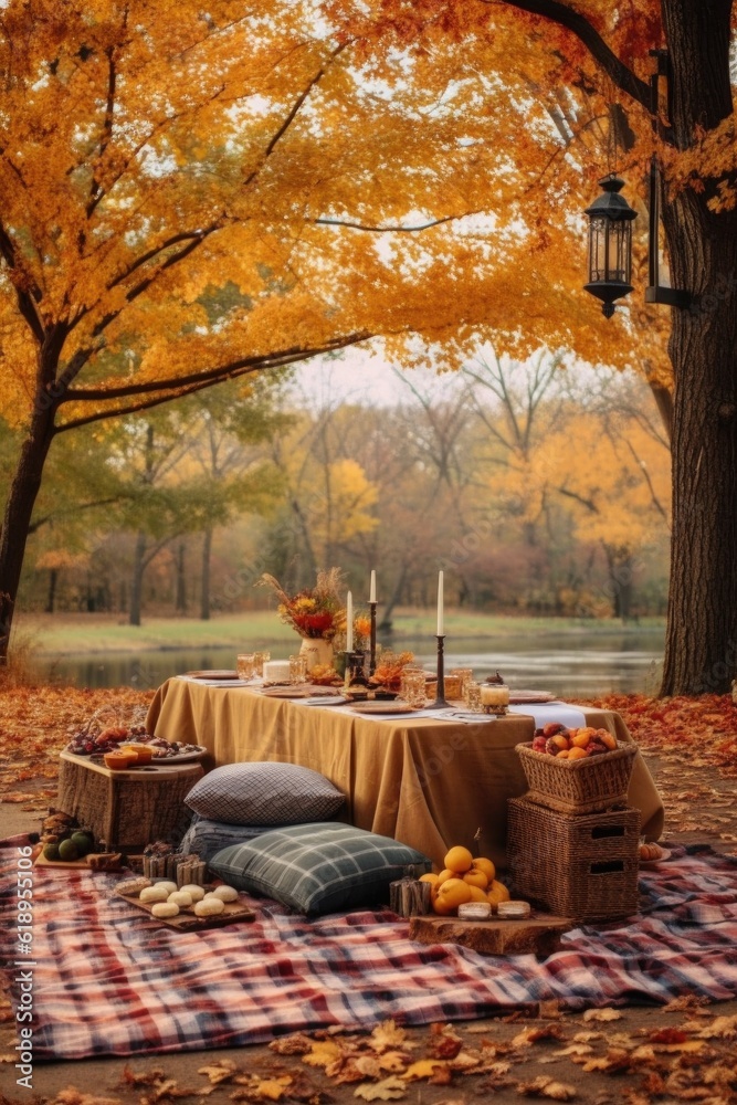 a cozy fall-themed picnic setup in a park, created with generative ai