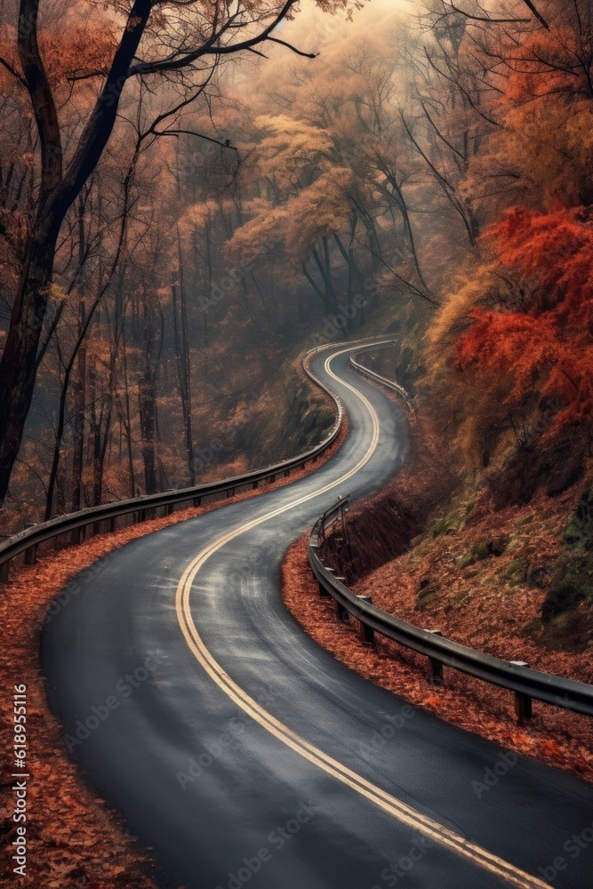 Fototapeta premium scenic winding road through a fall forest, created with generative ai