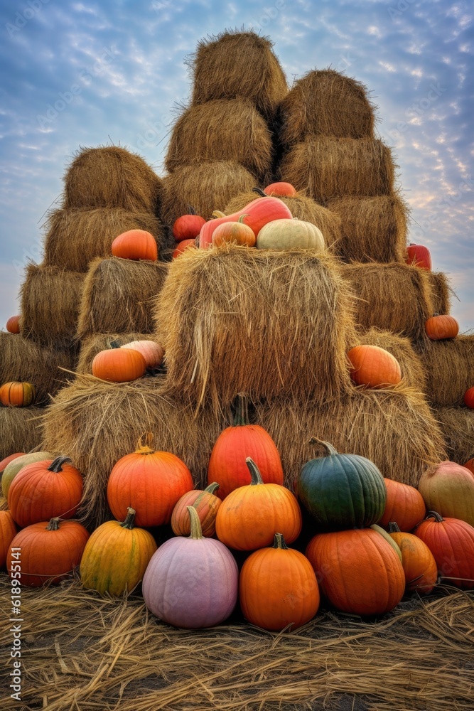 colorful pumpkins arranged on haystacks, created with generative ai