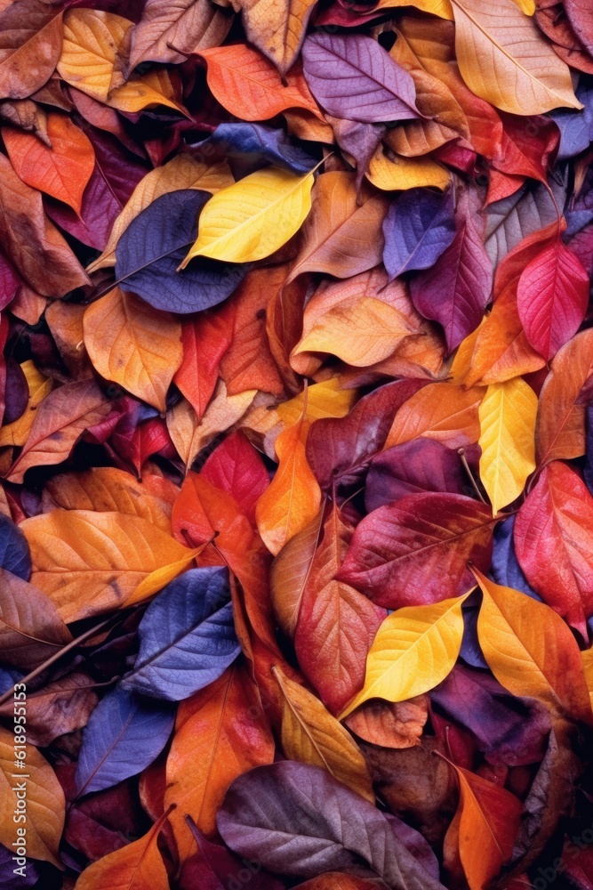 close-up of colorful autumn leaves on ground, created with generative ai