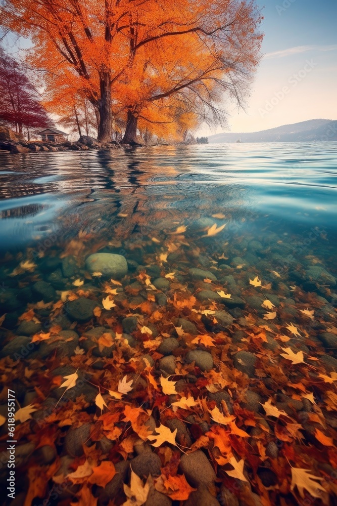 fall leaves floating on the calm surface of a lake, created with generative ai