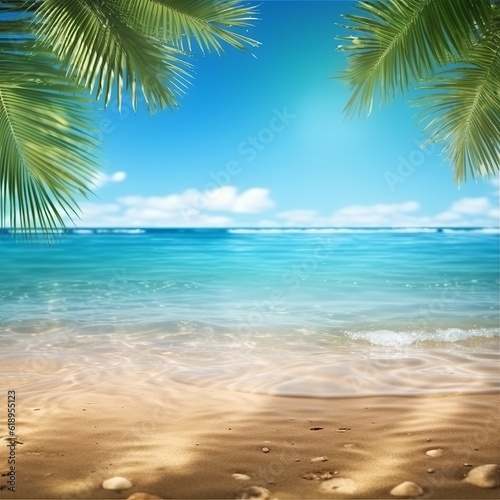 A summer landscape of a tropical golden beach with palm leaves, soft focus. Golden sand, turquoise sea, blue sky, and white clouds. Created with Generative AI technology © mafizul_islam