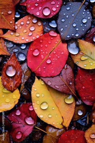 raindrops on colorful autumn leaves on the ground, created with generative ai © Alfazet Chronicles