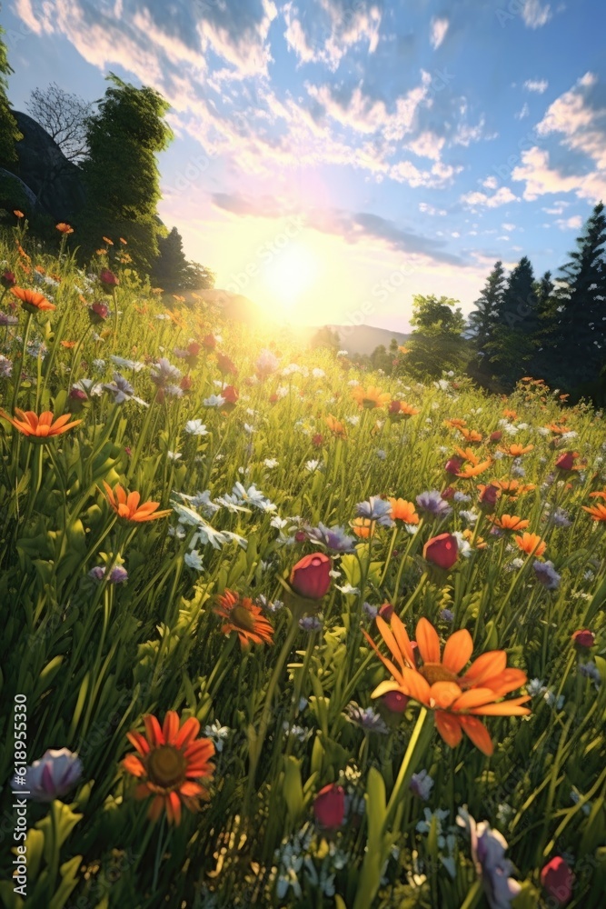 sunlit wildflower field with colorful blossoms, created with generative ai