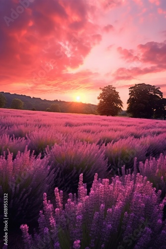lavender field with soft sunset light in background, created with generative ai