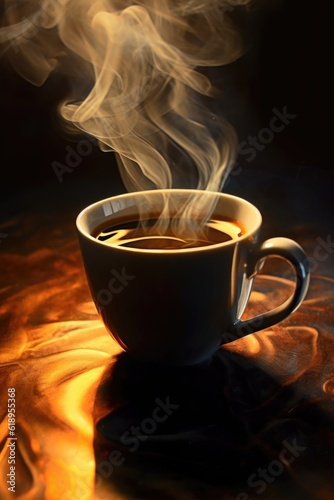 close-up of a steaming hot cup of coffee, created with generative ai