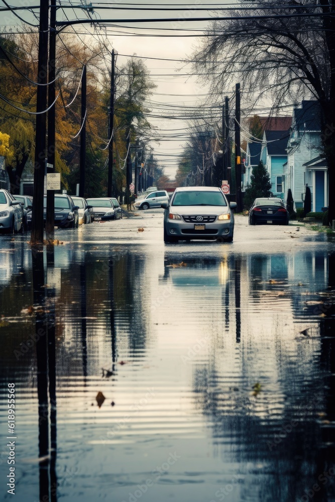 flooded streets and submerged cars after storm, created with generative ai