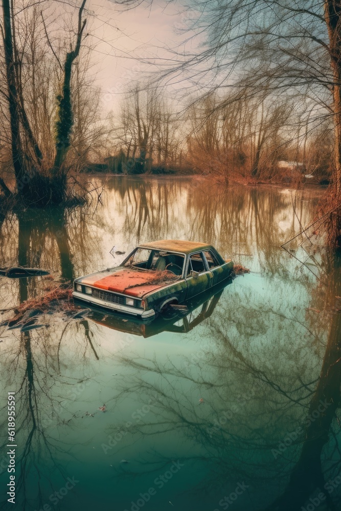 abandoned car submerged in floodwaters, created with generative ai