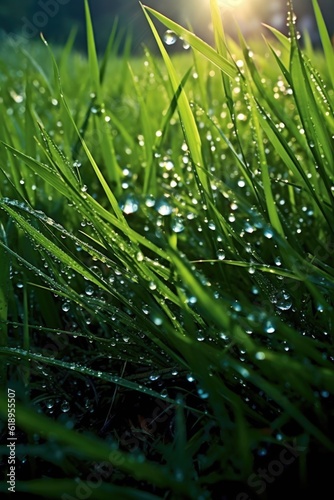 morning dew drops glistening on vibrant green grass, created with generative ai