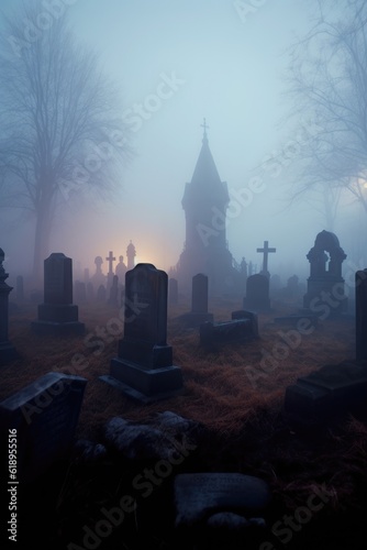creepy graveyard with fog and tombstones, created with generative ai