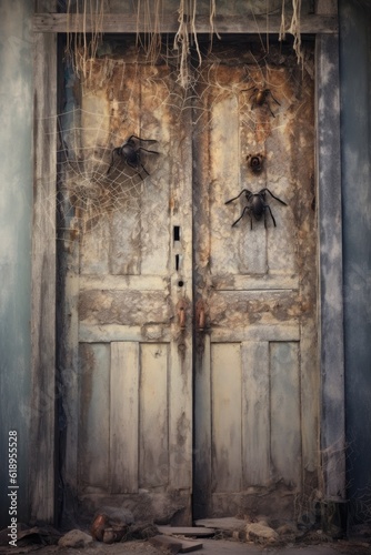 spiders and cobwebs on a vintage wooden door, created with generative ai