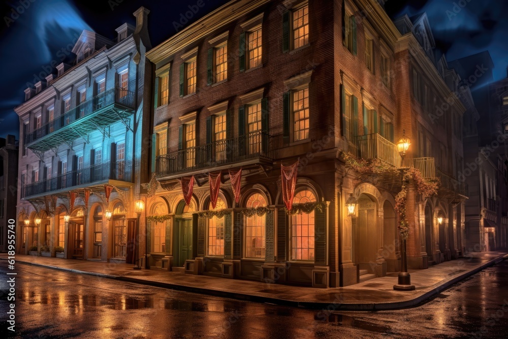 historic city buildings with uplighting, created with generative ai