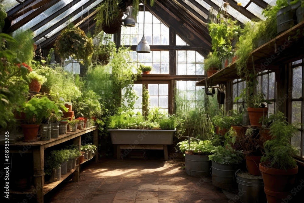 greenhouse filled with organic plants and herbs, created with generative ai
