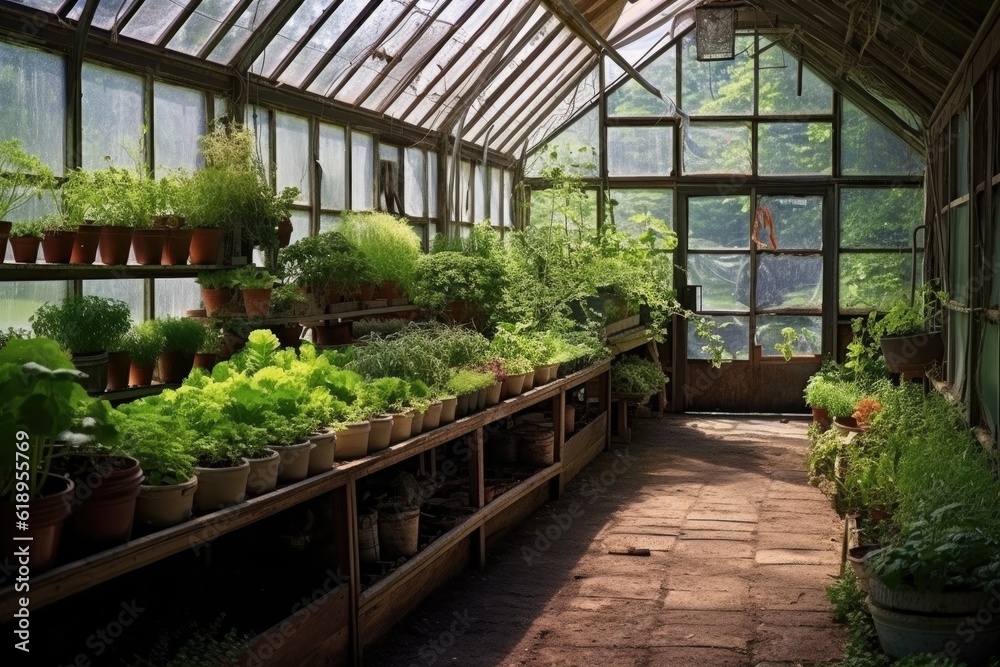 greenhouse full of thriving organic seedlings and plants, created with generative ai