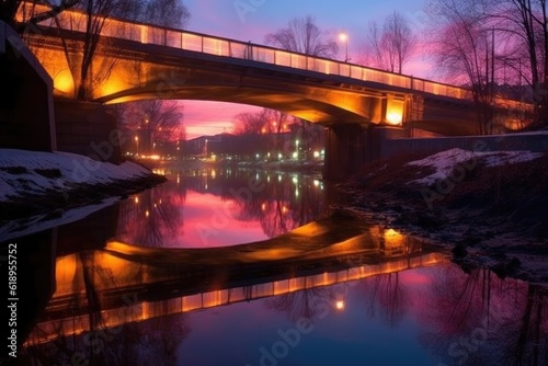 illuminated bridge over urban river, created with generative ai
