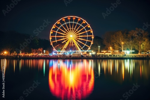 long exposure of ferris wheel at night, created with generative ai