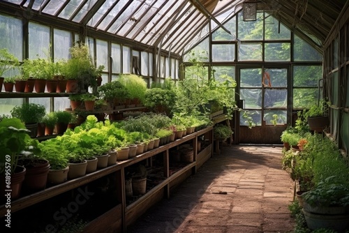 greenhouse full of thriving organic seedlings and plants, created with generative ai