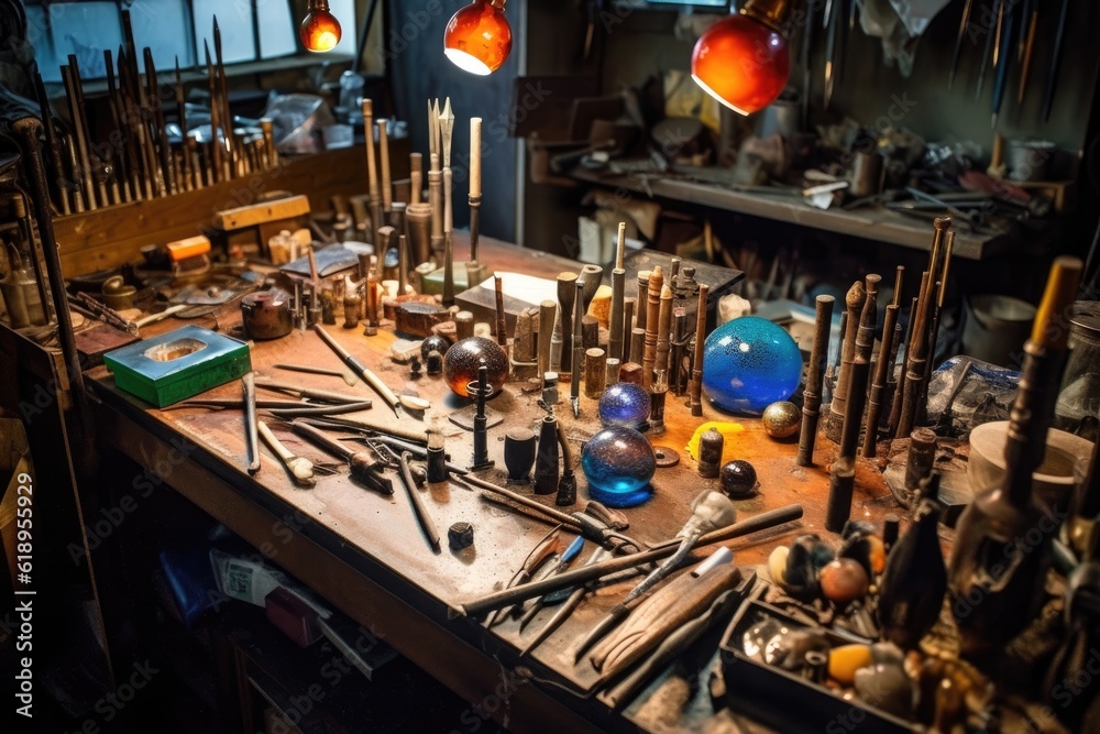 various glassblowing tools on workshop table, created with generative ai