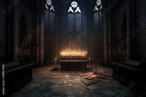 atmospheric view of gothic cathedral crypt with candlelight, created with generative ai