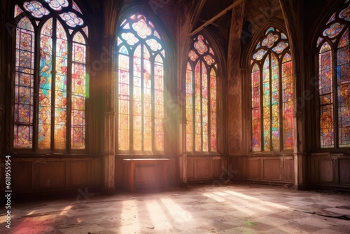 sunlight streaming through colorful stained-glass windows  created with generative ai