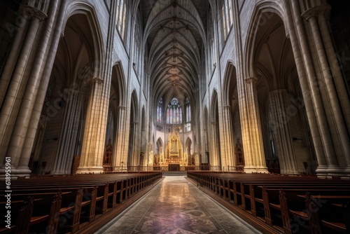 dramatic wide-angle view of a gothic cathedral nave  created with generative ai