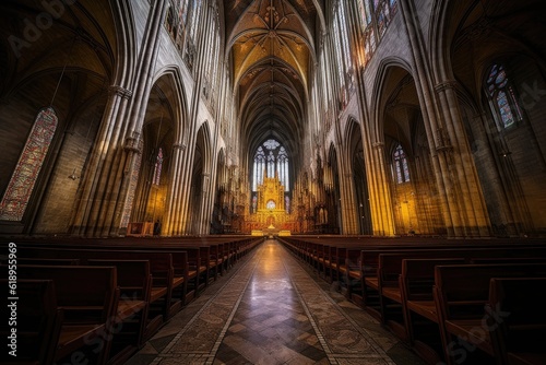 dramatic wide-angle view of a gothic cathedral nave, created with generative ai