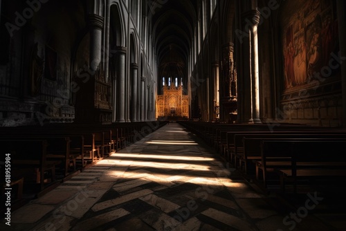 dimly lit cathedral aisle with dramatic shadows, created with generative ai