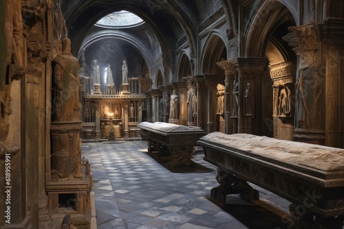 cathedral crypt with ancient tombs and sarcophagi, created with generative ai