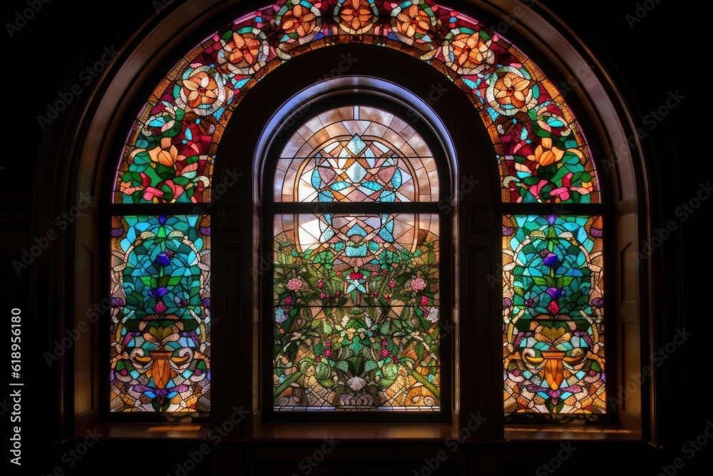 stained glass window of intricate and colorful design, with mosaic border, created with generative ai