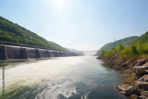 view of a hydroelectric power plant, with water flowing down the dam and through the turbines, created with generative ai