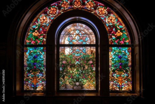 stained glass window of intricate and colorful design, with mosaic border, created with generative ai