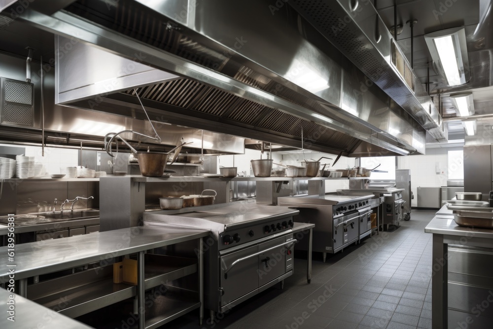 ventilation and exhaust system in commercial kitchen, with hoods above cooking stations and vents in ceiling, created with generative ai