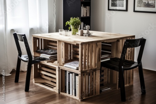 a sleek and modern dining table made from repurposed crates, created with generative ai