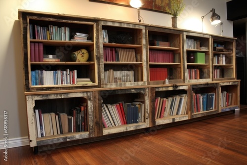 upcycled library with upcycled bookshelves and upcycle books, created with generative ai