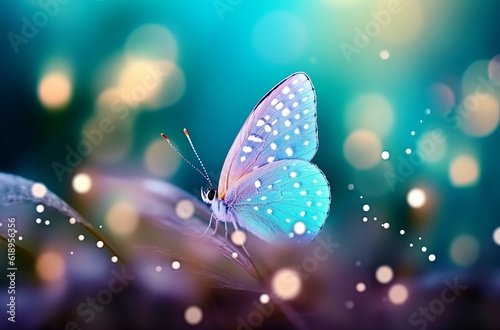 An illustration of a Beautiful white butterfly on white flower buds on a soft blurred blue background spring or summer in nature. Romantic dreamy artistic image. Made with Generative AI technology