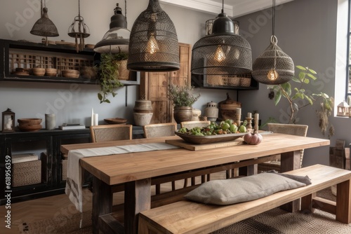 upcycled dining room with rustic farmhouse tables, metal lanterns and woven baskets, created with generative ai