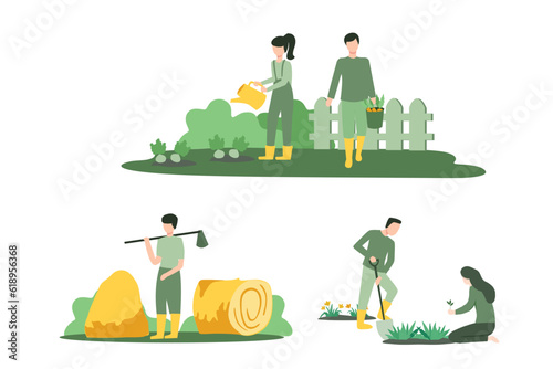 Vector illustration about Agricultural work. Cartoon farmer characters working in field, harvesting crops and fruits. Vector image rustic family work scenes with flat set people and agriculture plants
