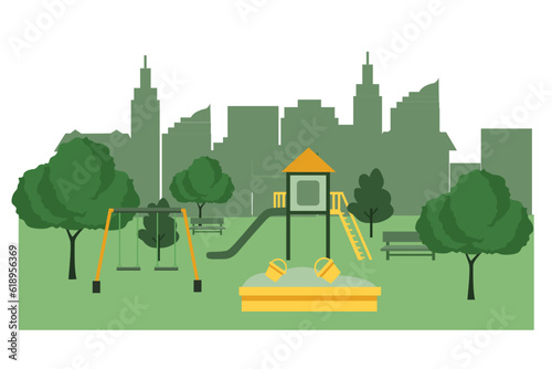 Vector Illustration about Kids playground with playing equipment, City park with outdoor decor concept. green open space concept. Flat design for website and flyer