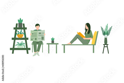 Vector Illustration about a young family is relaxing in the garden. A young couple is relaxing on the balcony. A man is reading a newspaper, and a woman is reading a book. Flat  design for website