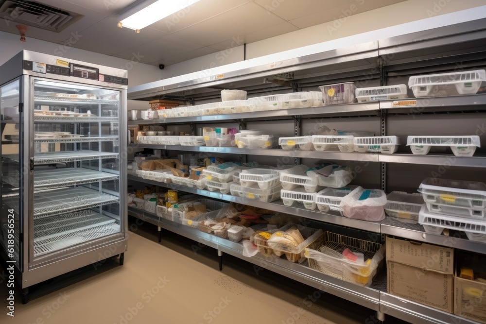 walk-in refrigerator with shelves stocked and ready for business, created with generative ai
