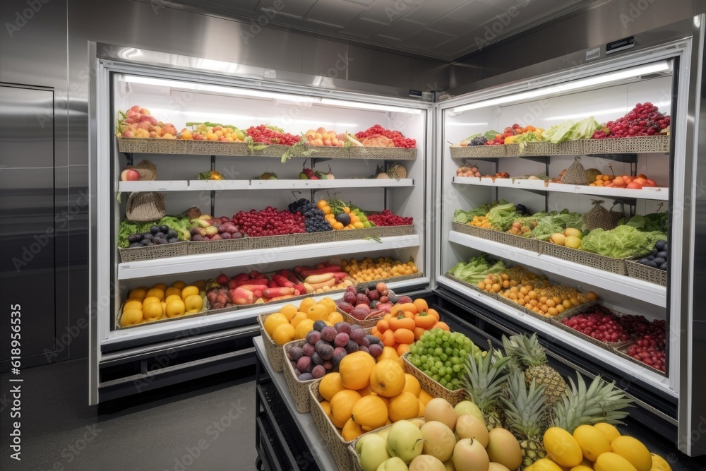 view of walk-in refrigerator filled with fresh fruits and vegetables, created with generative ai