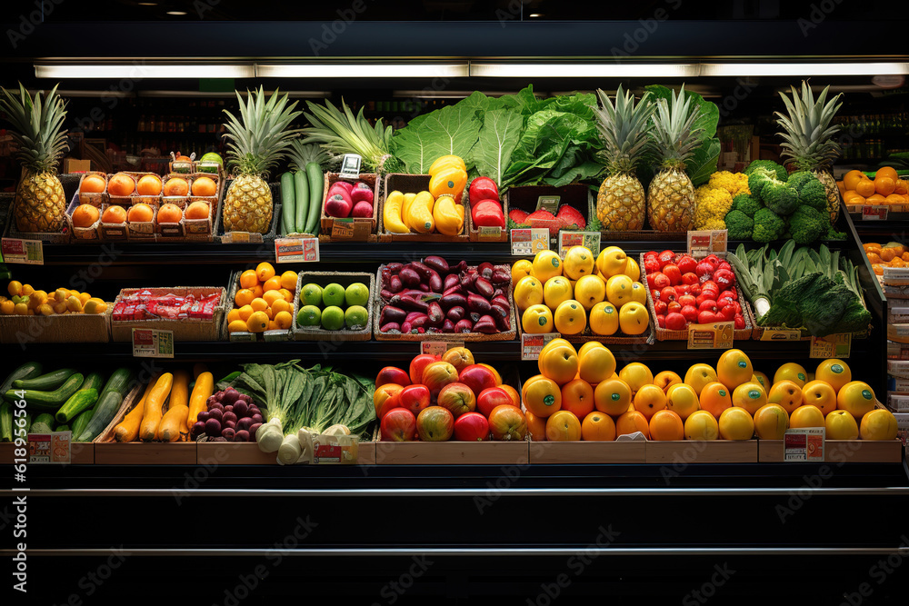 Fruits and vegetable on the shelf in supermarket, Generative AI image.