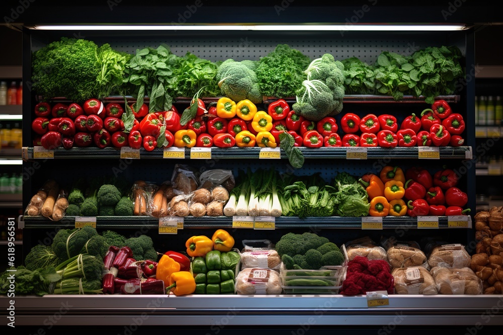 Vegetables on the shelf in supermarket, Generative AI image.