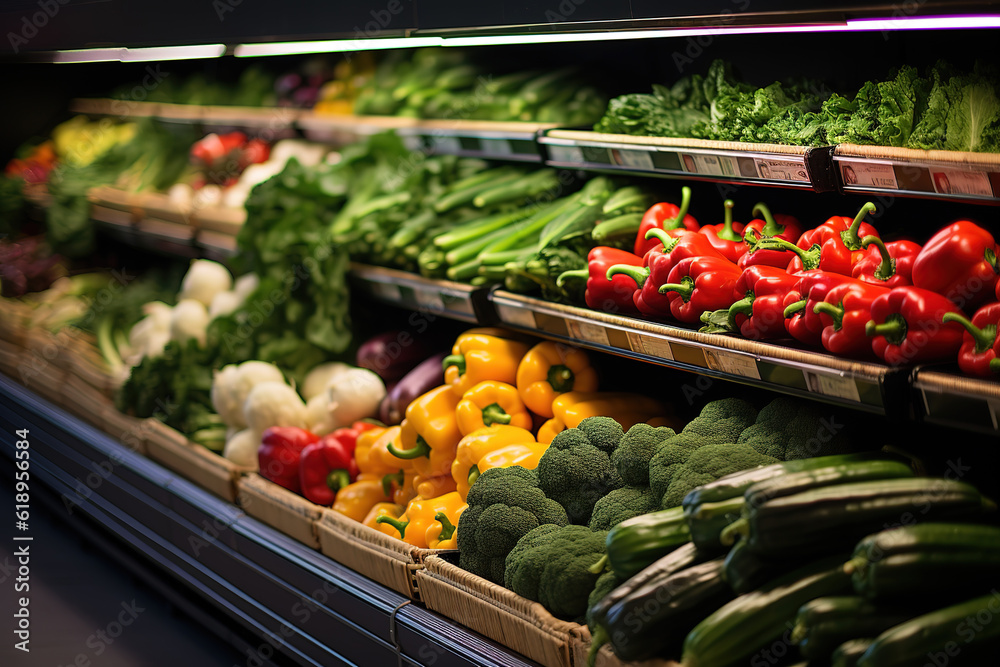 Vegetables on the shelf in supermarket, Generative AI image.