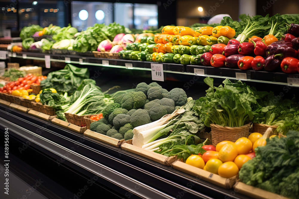 Vegetables on the shelf in supermarket, Generative AI image.