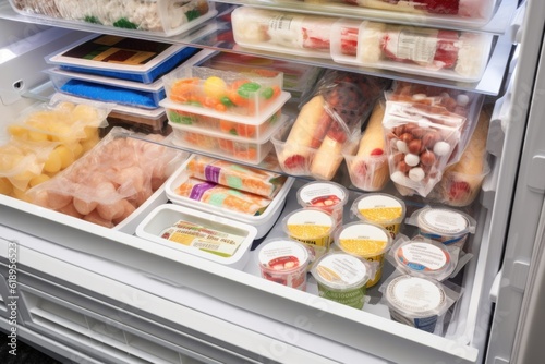 freezer with variety of frozen foods and snacks, including individually wrapped ice pops, created with generative ai