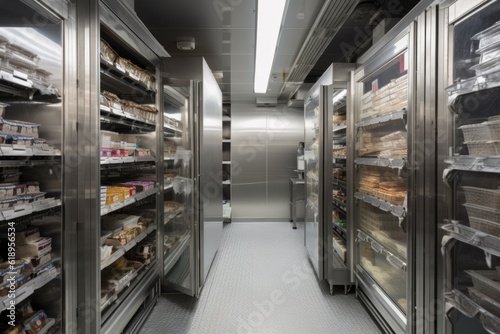 remarkable walk-in freezer, with towering stacks of frozen products and frozen exterior, created with generative ai photo