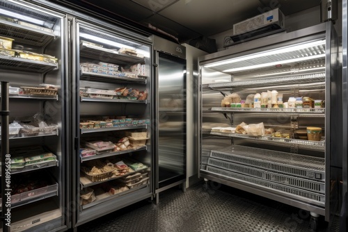 walk-in freezer with shelves stocked with frozen foods and drinks, created with generative ai