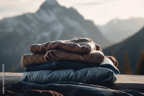 close-up of neatly folded clothes, with the view of a serene mountain range in the background, created with generative ai
