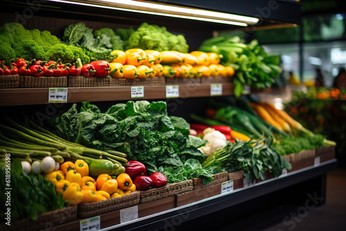 Vegetables on the shelf in supermarket  Generative AI image.